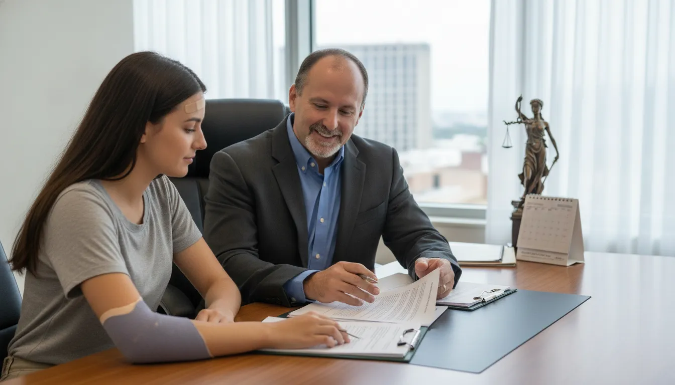 A California car accident victim speaking with a personal injury attorney in a bright law office while reviewing claim documents