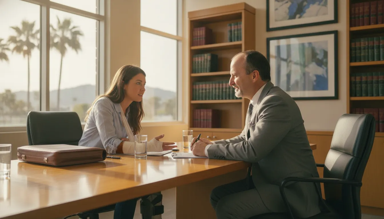 California personal injury attorney consulting with an injured client in a law office