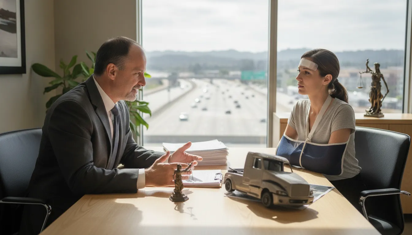 California attorney discussing a semi truck accident lawsuit with an injured client