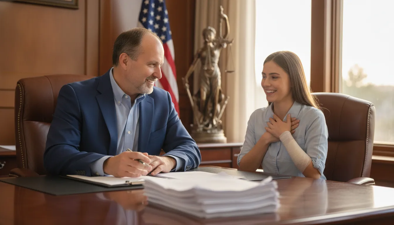 A personal injury attorney reviewing settlement documents with a relieved car accident victim in a professional office
