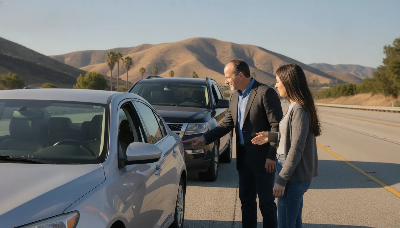 Two people assessing a parked vehicle on a California roadside after a minor car accident