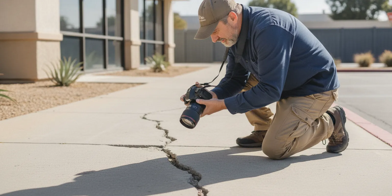 A visitor documenting a damaged walkway beside a commercial building after an accident
