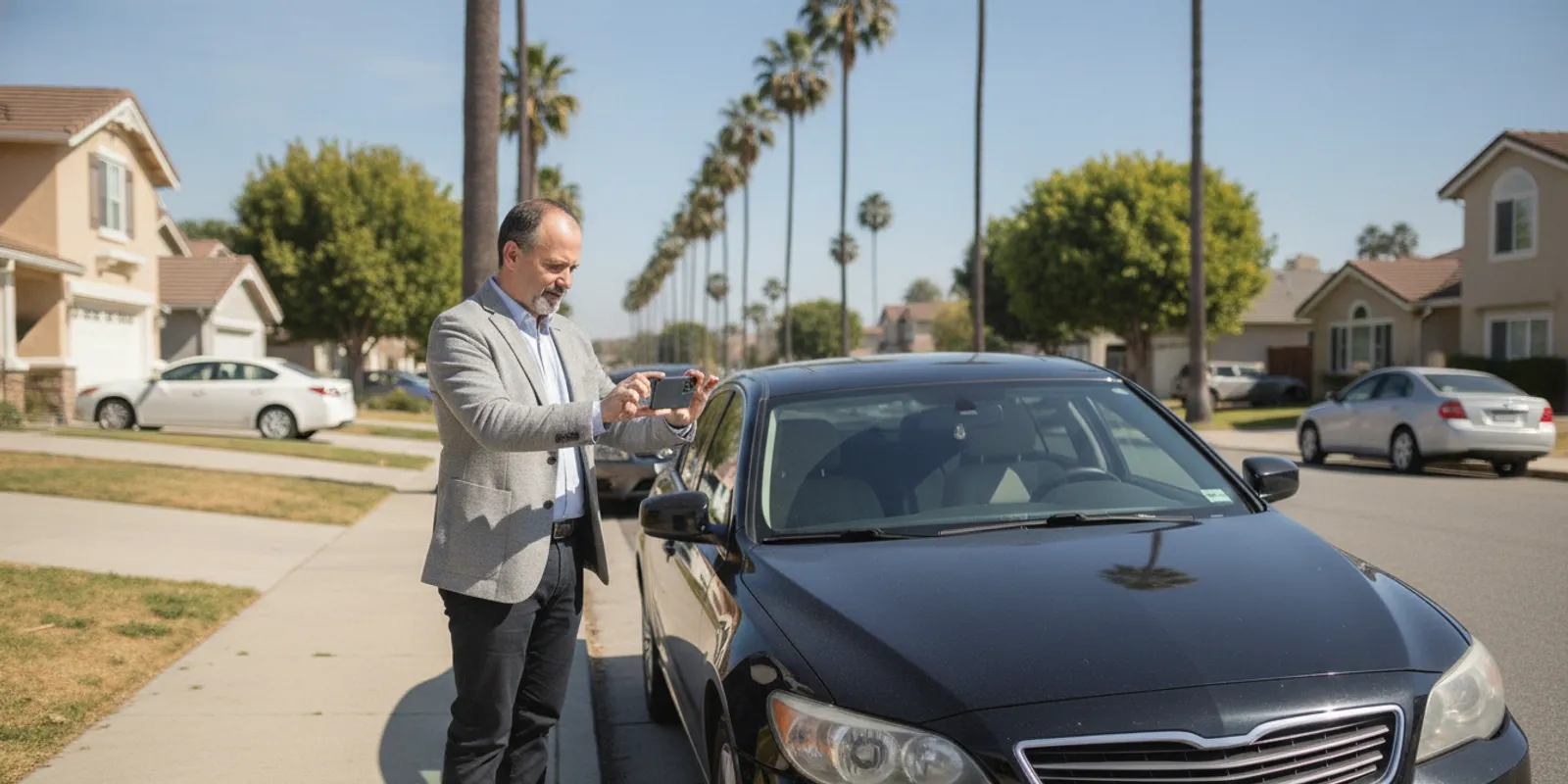 A California driver documenting damage beside a car after a hit-and-run collision