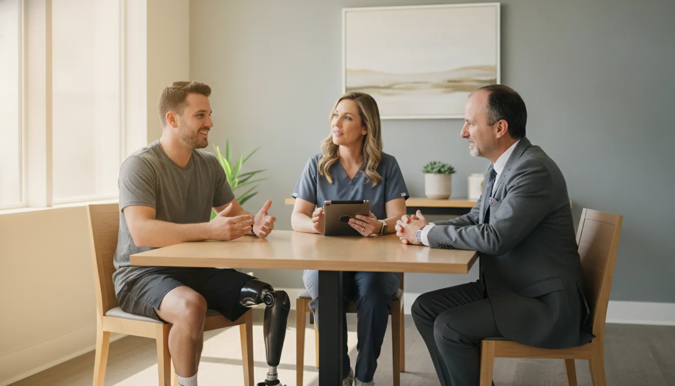 Attorney meeting with a client about a limb-loss injury claim