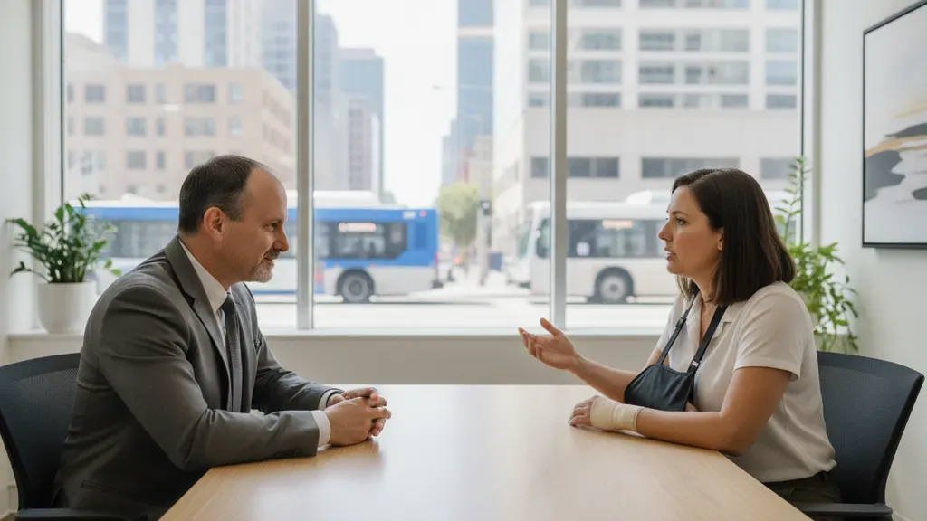 California bus and train accident lawyer meeting with an injured transit passenger