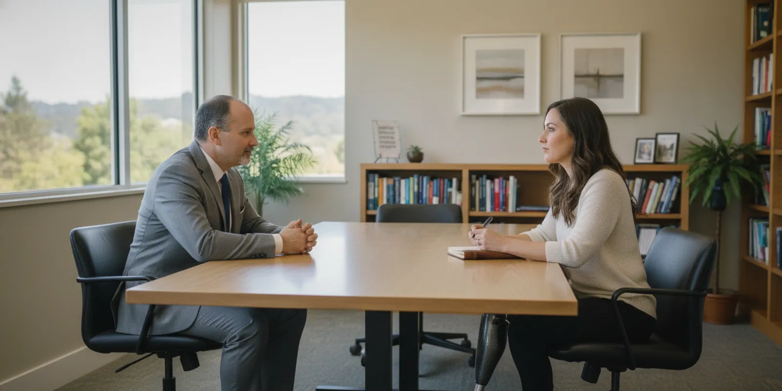 A California injury attorney speaking with a client using a prosthetic limb in a bright, private office