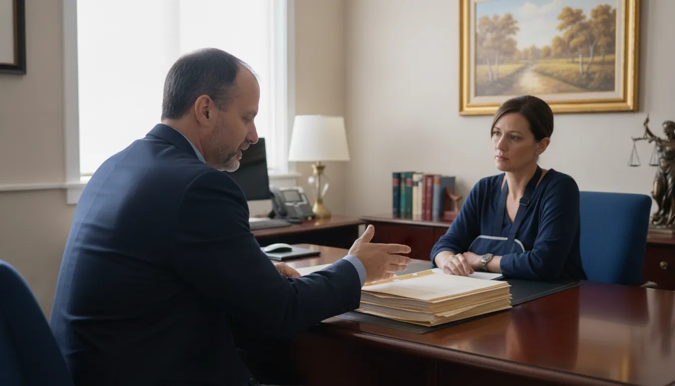 California personal injury attorney listening to a client in a professional office