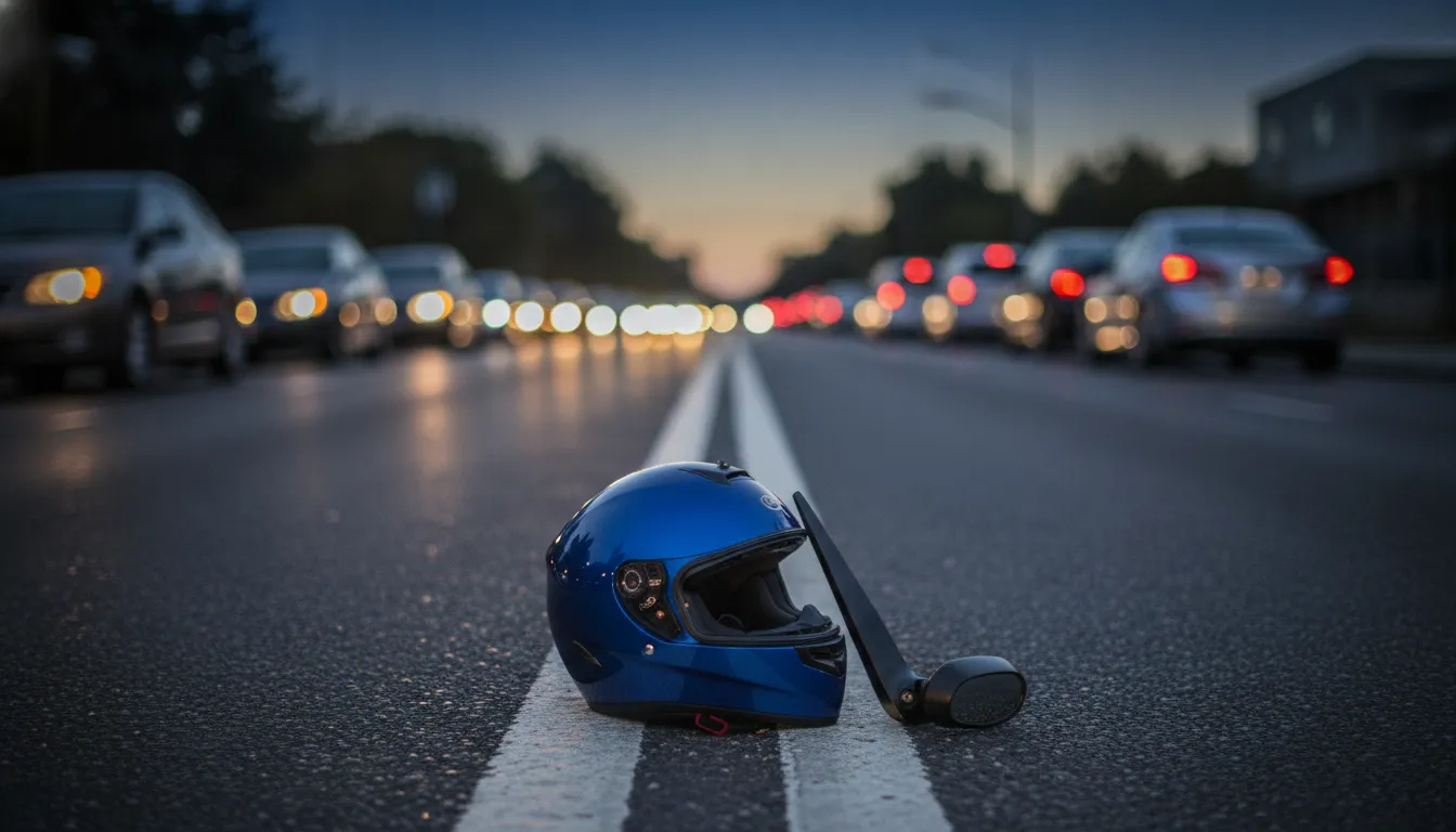 Blue motorcycle helmet and a detached mirror lying on the lane line between stopped traffic