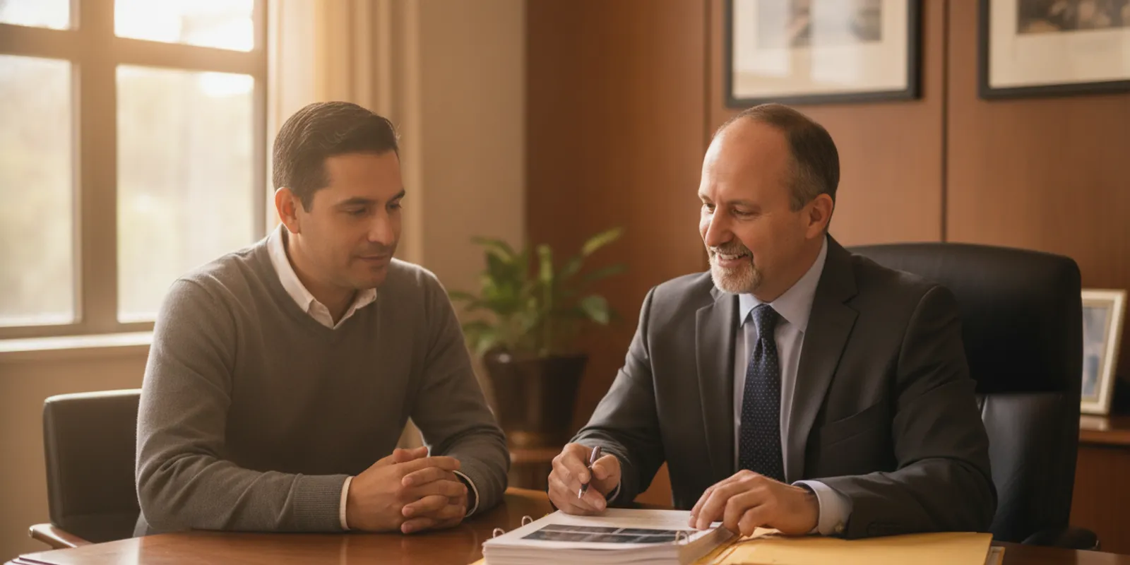Burn injury attorney reviewing medical records with a client at a desk