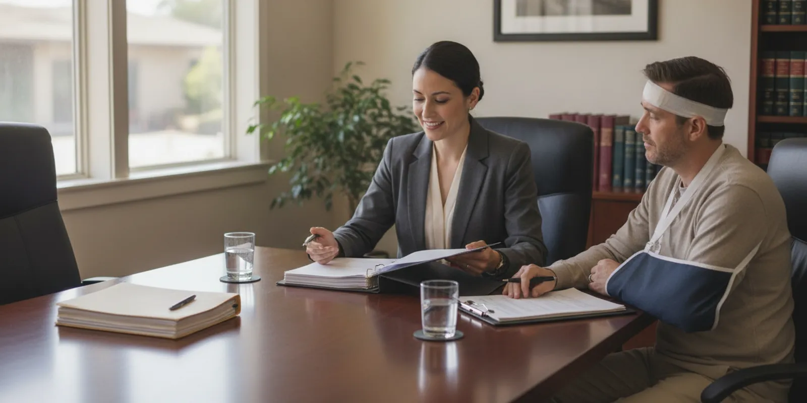 An injured person and attorney reviewing paperwork during a mediation meeting