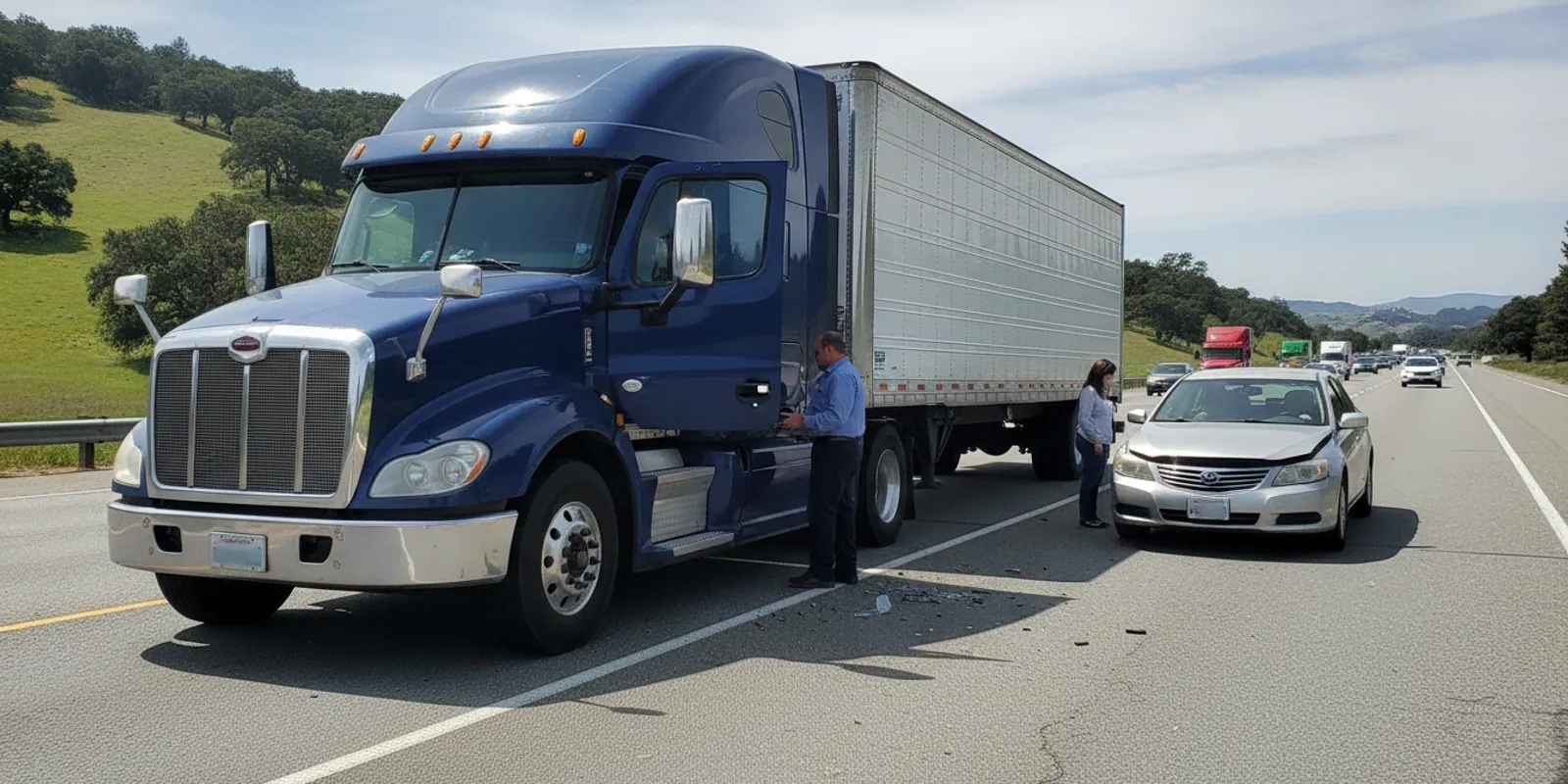 Damaged commercial truck and passenger vehicle on a California highway shoulder