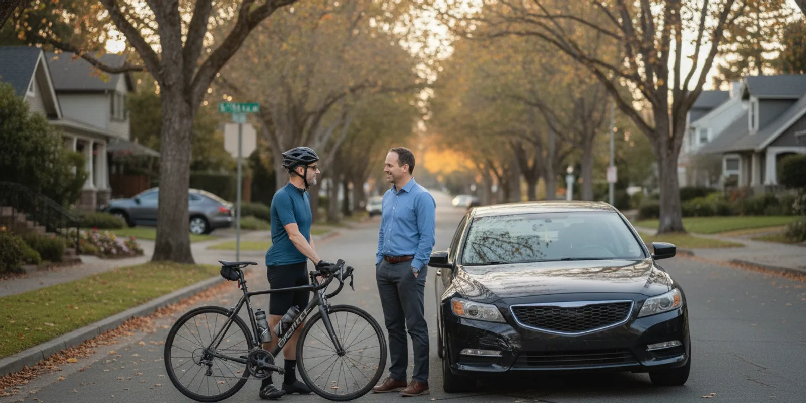 A cyclist speaking with a driver beside a bicycle after a collision on a California street